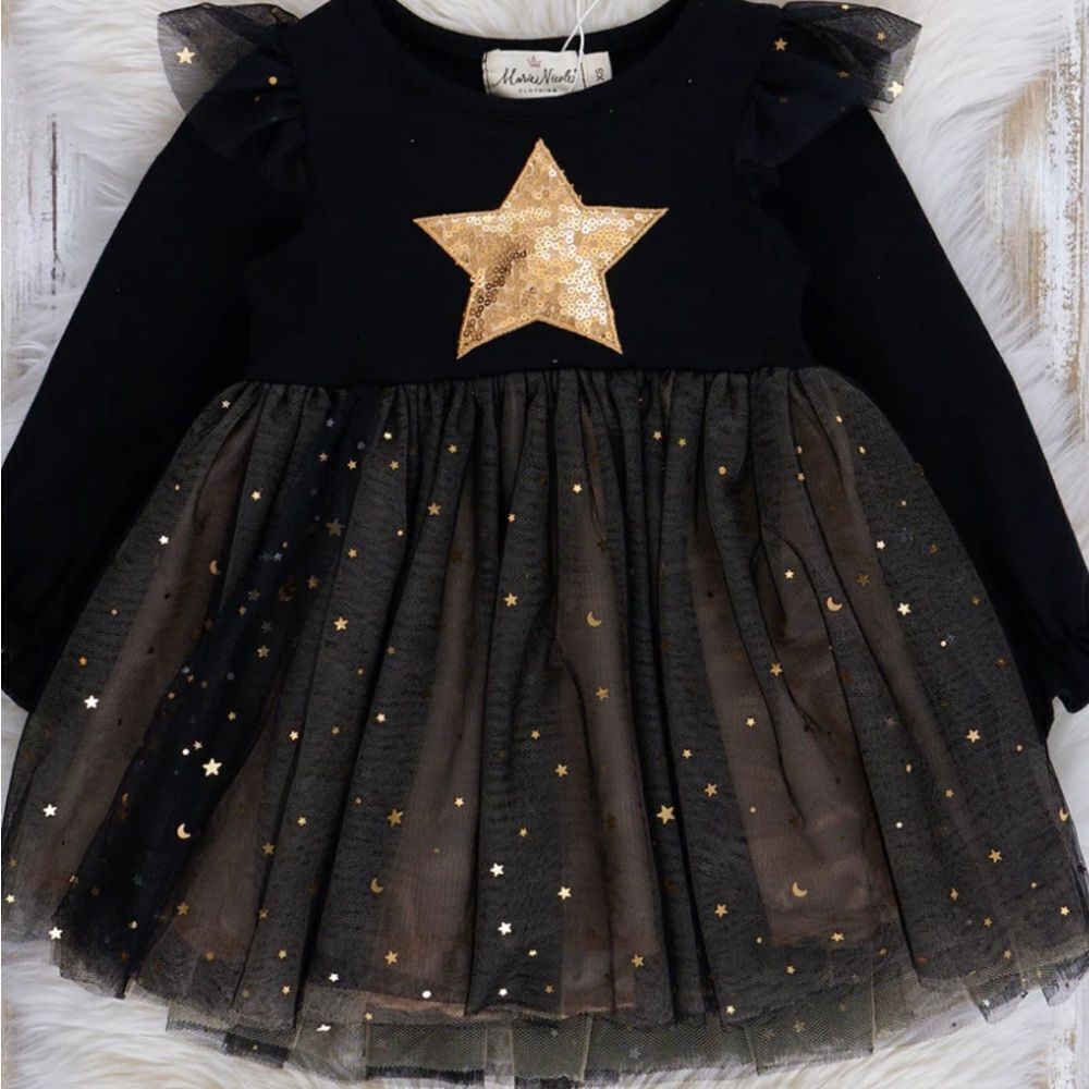 Marie Nicole Black and gold sequins startle twirl onesie dress tulle skirt 18-24